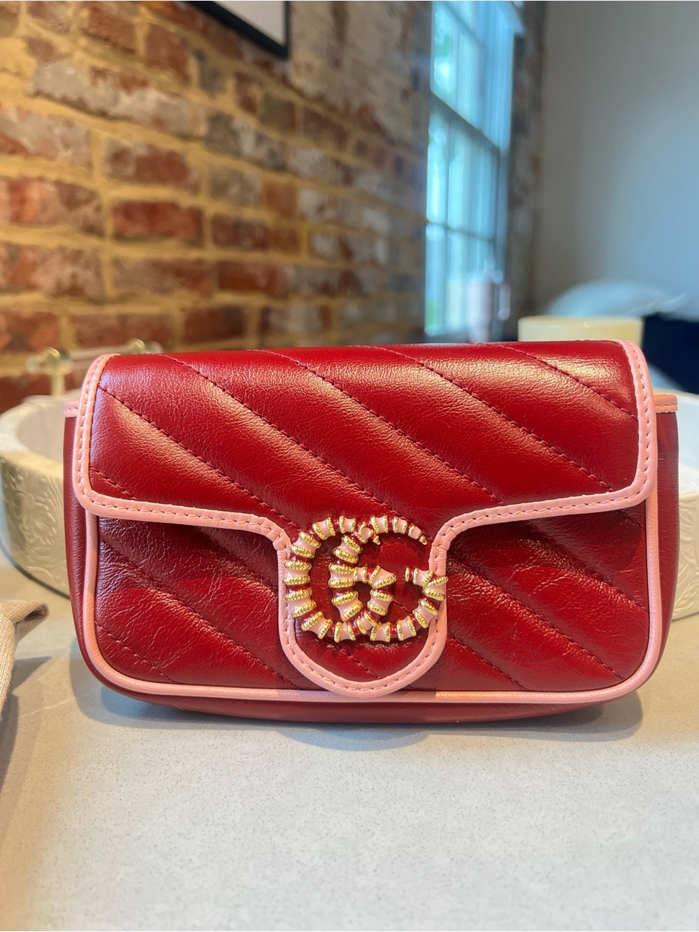 Limited Edition. Gucci, Mini Shoulder Bag w/ Pink Trim and Gold GG Crystal Logo